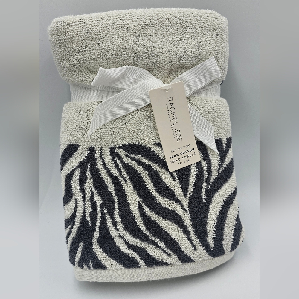 Rachel Zoe 2 Piece Zebra Print White Gray 100% Cotton Hand Towel Set OEKO TEX